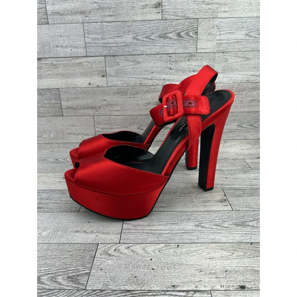 Nina NY Red Satin Platform Sandals Peep Toe Block Heel Buckle Strap Women 8.5M